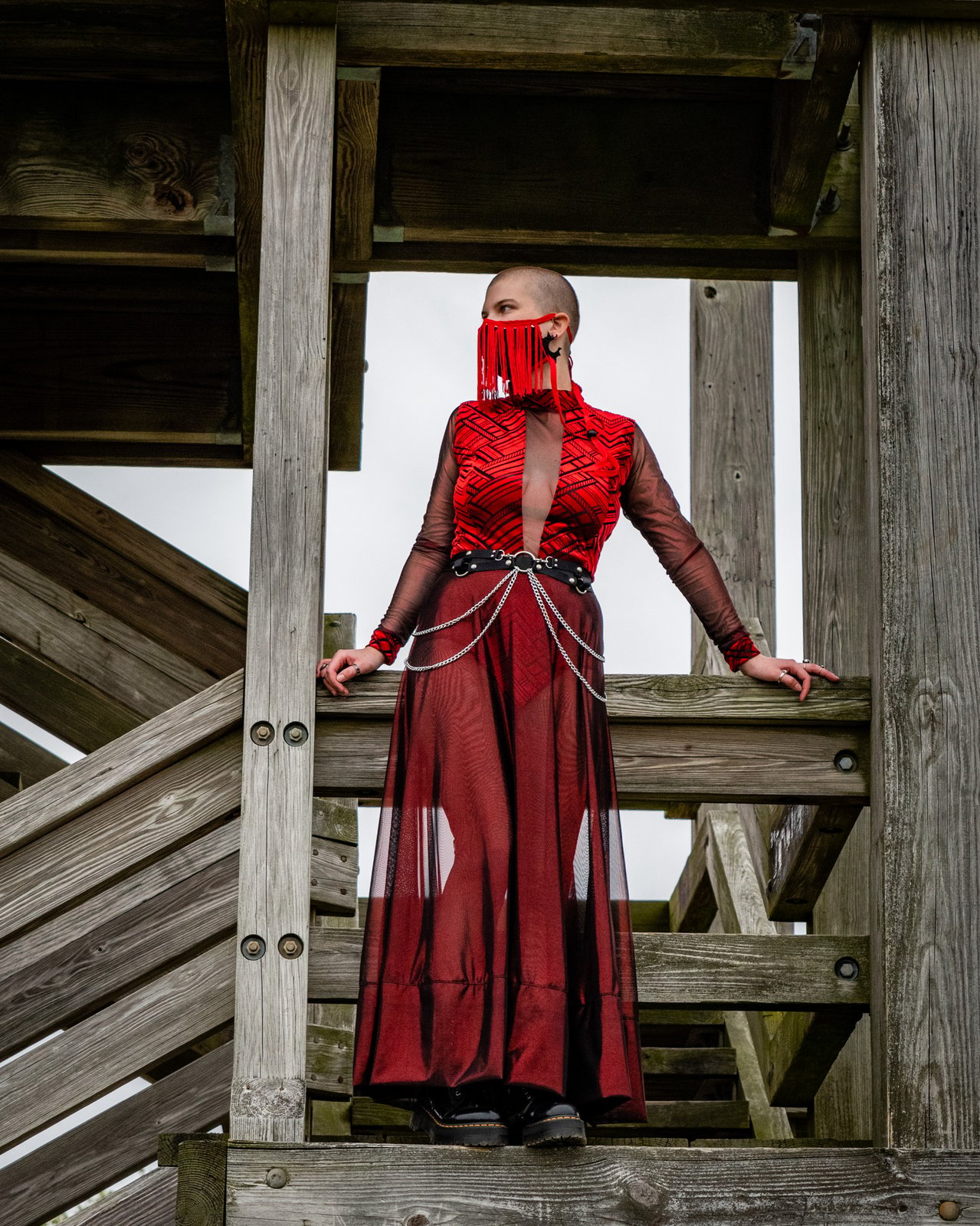 red sheer maxi skirt