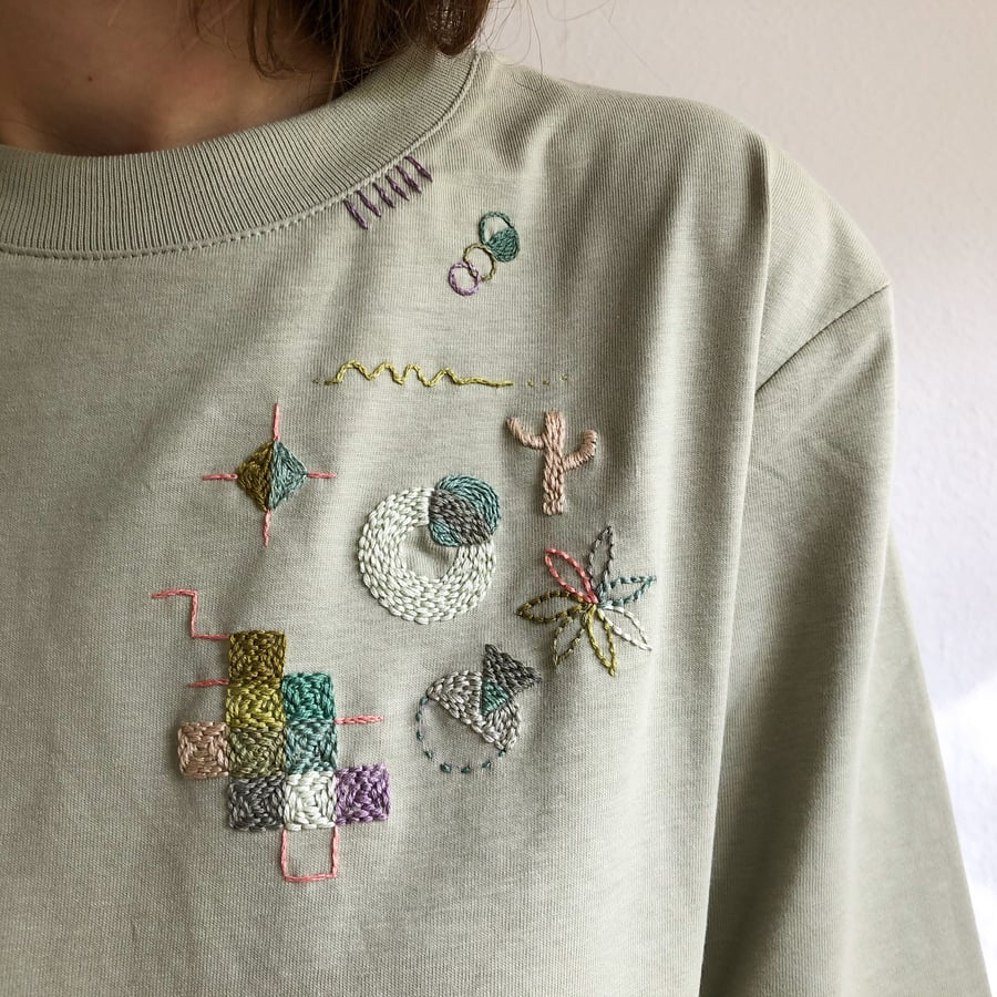 Image of Intuitive hand embroidery on organic cotton t-shirt, One of a kind, size Medium