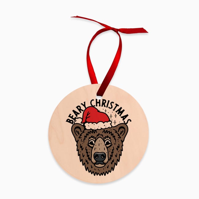 Beary Christmas Natural Wood Ornament