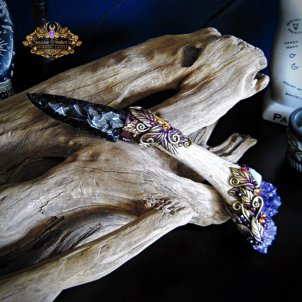 Image of DIVINE HAND - Ornamental Ritual Athame Obsidian Blade Mookaite Amethyst Witchcraft Art Dagger