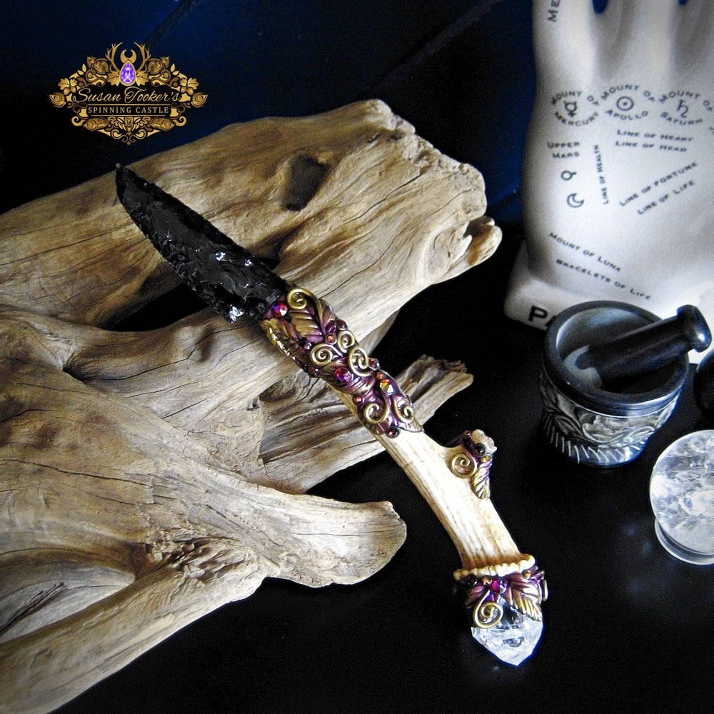 Image of WITCHES WISDOM - Ornamental Ritual Athame Obsidian Blade Eudialyte Quartz Crystal Witchcraft Dagger