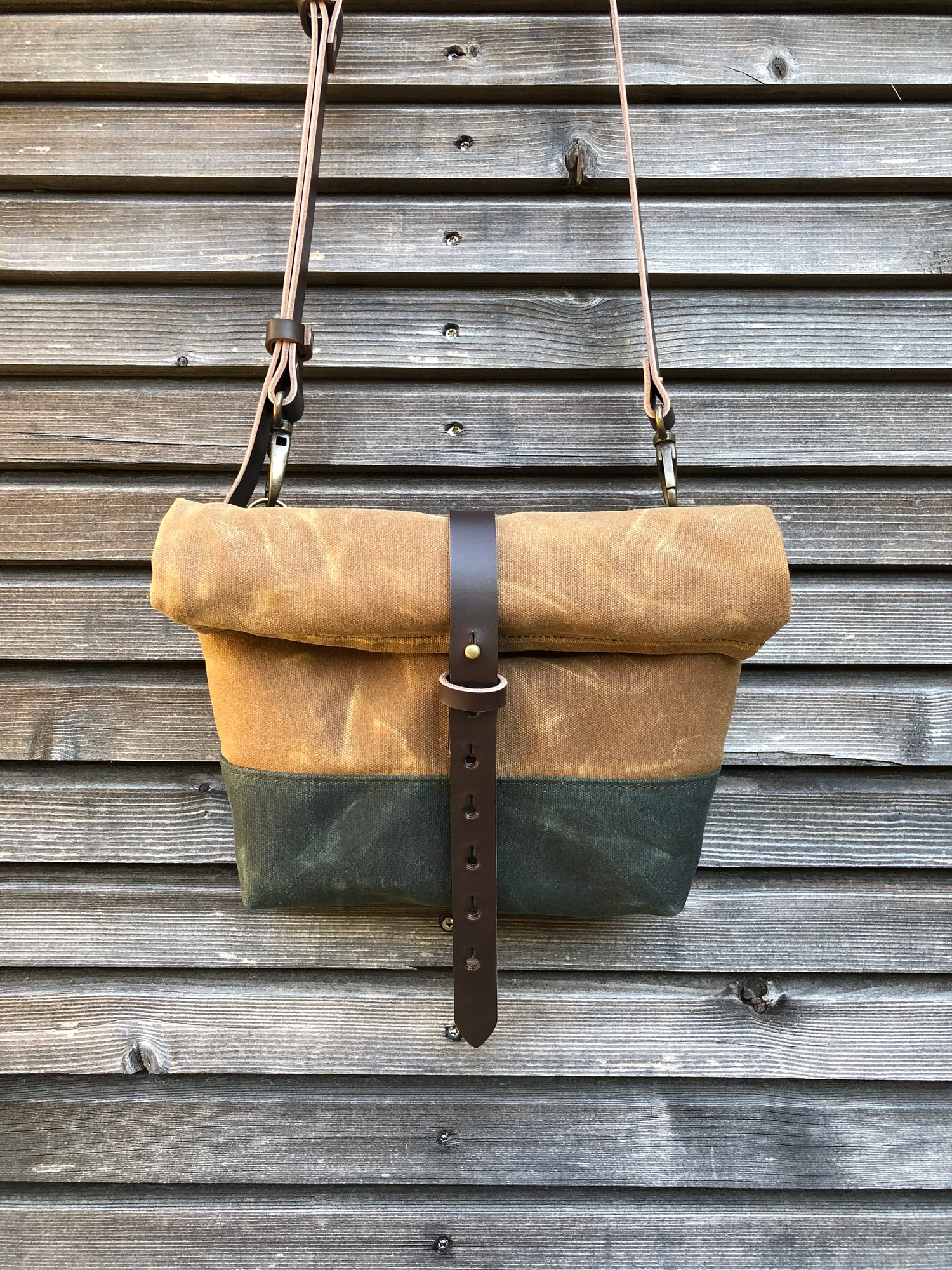 Image of Spice and forest green waxed canvas day bag / small messenger bag / canvas satchel
