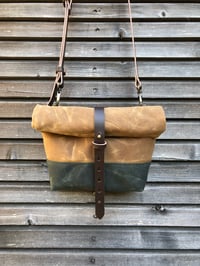 Image 3 of Spice and forest green waxed canvas day bag / small messenger bag / canvas satchel