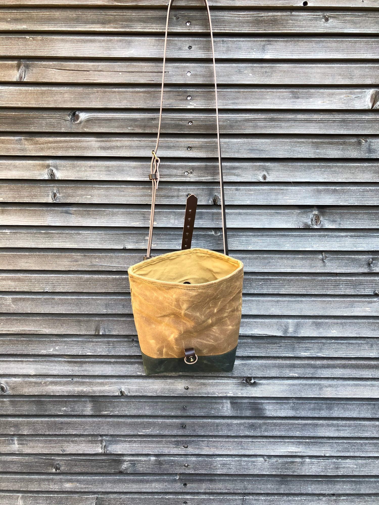 Image of Spice and forest green waxed canvas day bag / small messenger bag / canvas satchel
