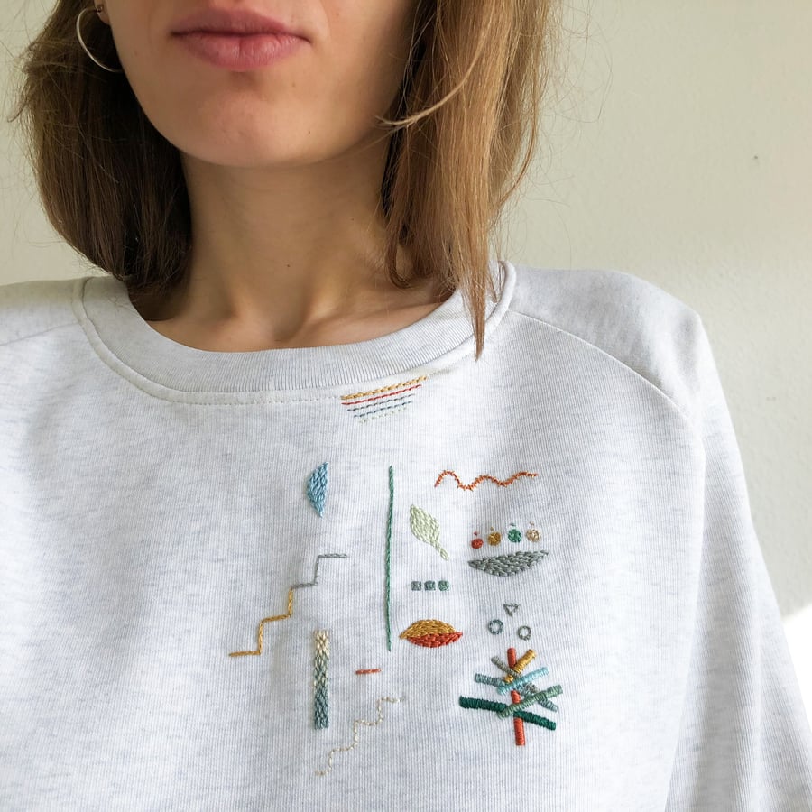 Image of Autumn shapes - original hand embroidery on 100% organic cotton sweatshirt, one of a kind