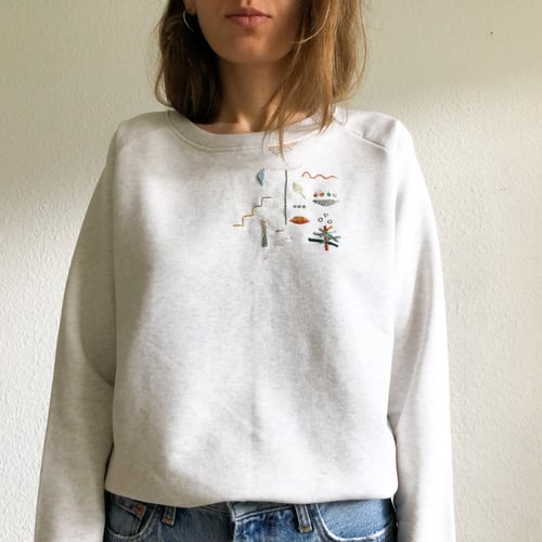 Image of Autumn shapes - original hand embroidery on 100% organic cotton sweatshirt, one of a kind