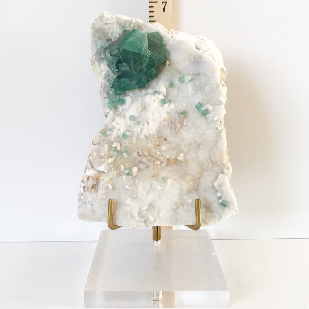 Image of Green Fluorite no.129 + Lucite and Brass Stand