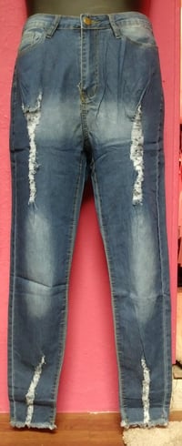 Image 1 of Light weight High Ripped Medium wash Destroyed Hem Jeans 606