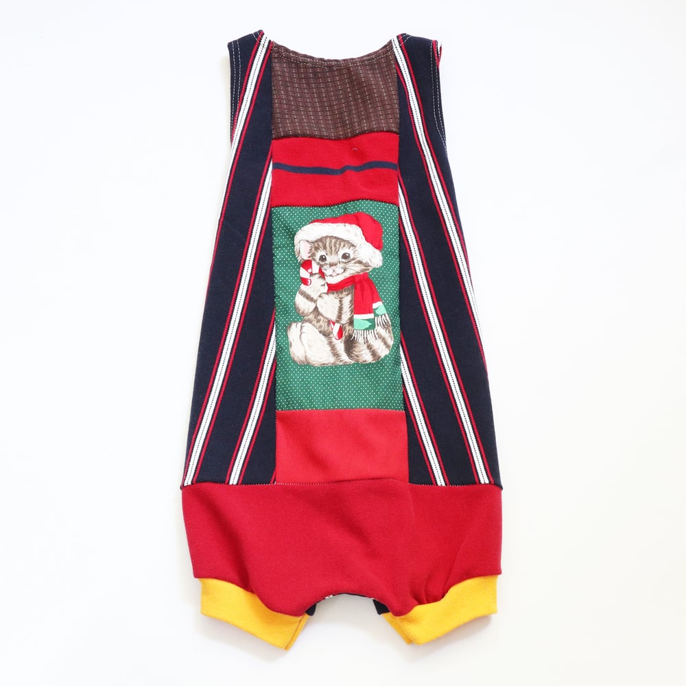 Image of christmas cat kitty xmas holiday 5/6 pieced romper courtneycourtney patchwork shortalls shorts suit