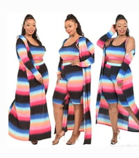 Image 1 of PLUS SIZE MULTI STRIPPED 3 PIECE CARDIGAN SET