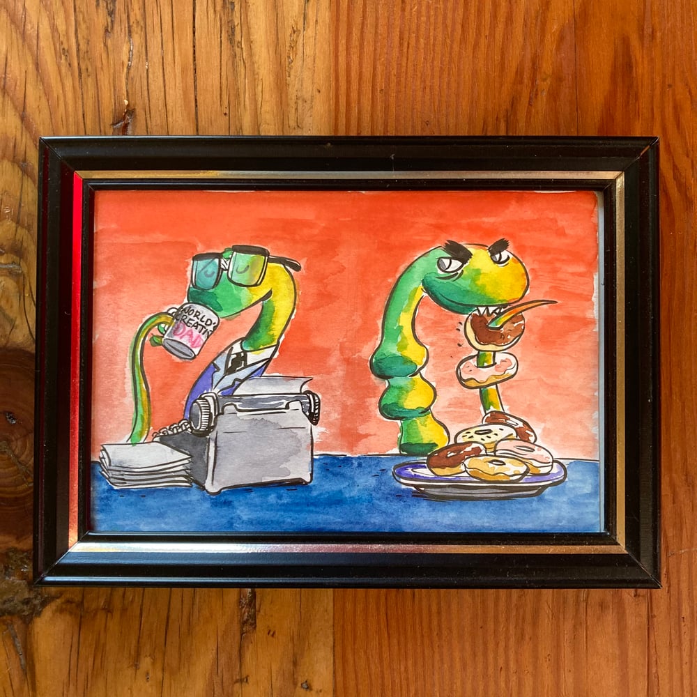 Image of "Office Snakes" original 4x6 collaboration watercolor painting by Dan P.  and Gilbert A. 