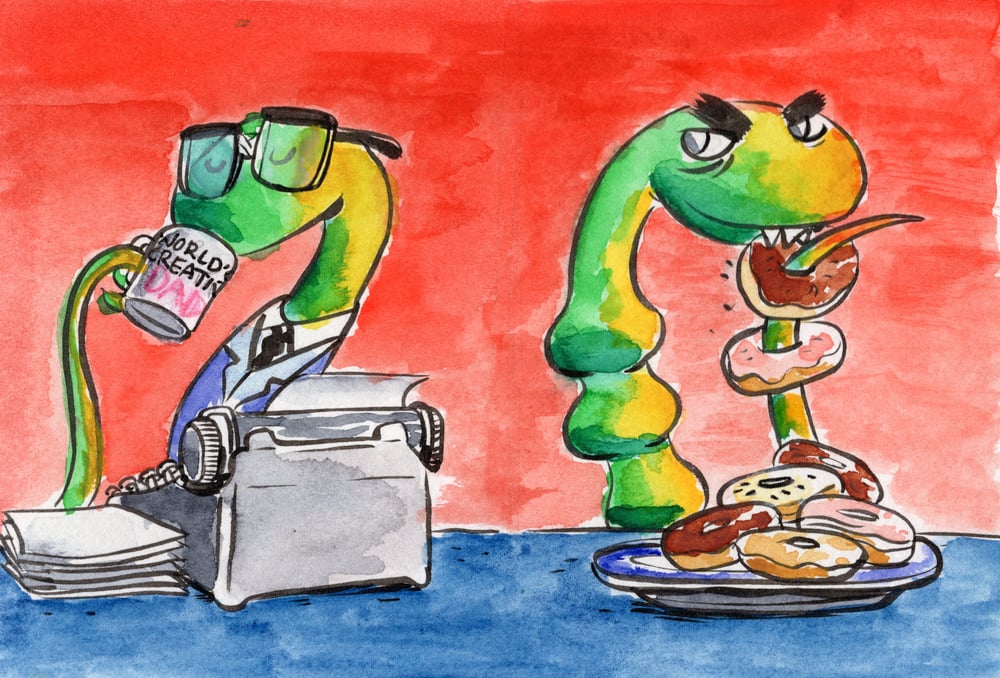 Image of "Office Snakes" original 4x6 collaboration watercolor painting by Dan P.  and Gilbert A. 