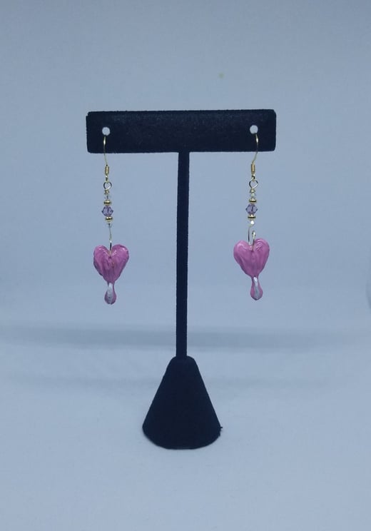 REAL Preserved Soft Pink Bleeding Heart Flower Bud Earrings w/ Alexandrite Swarovski Crystals