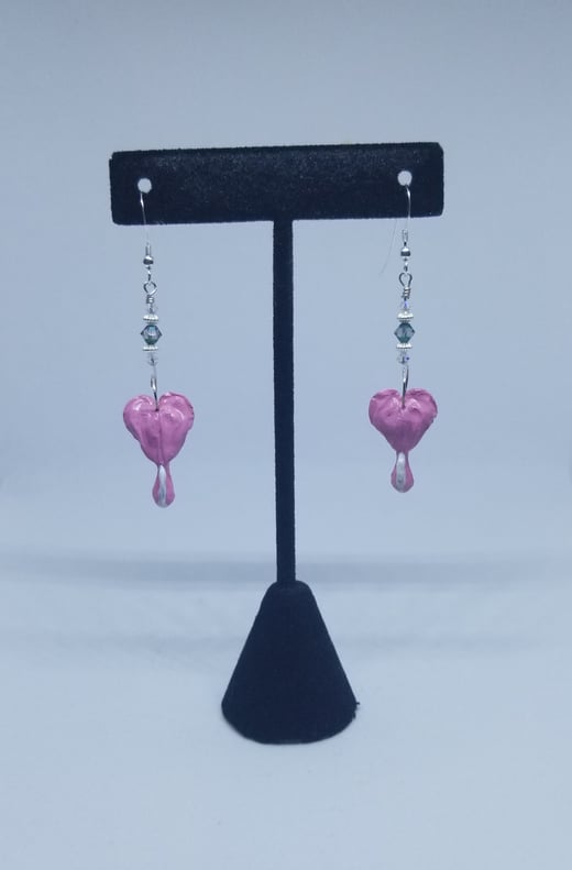 REAL Preserved Bleeding Heart Flower Bud Earrings w/ Swarovski Crystals and Sterling Silver Beads