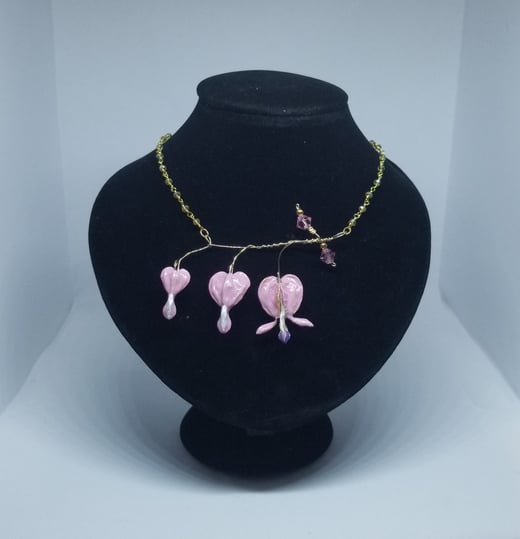 REAL Preserved Triple Flower Bleeding Heart Flower Sprig Necklace w/ Rose Swarovski Crystals 