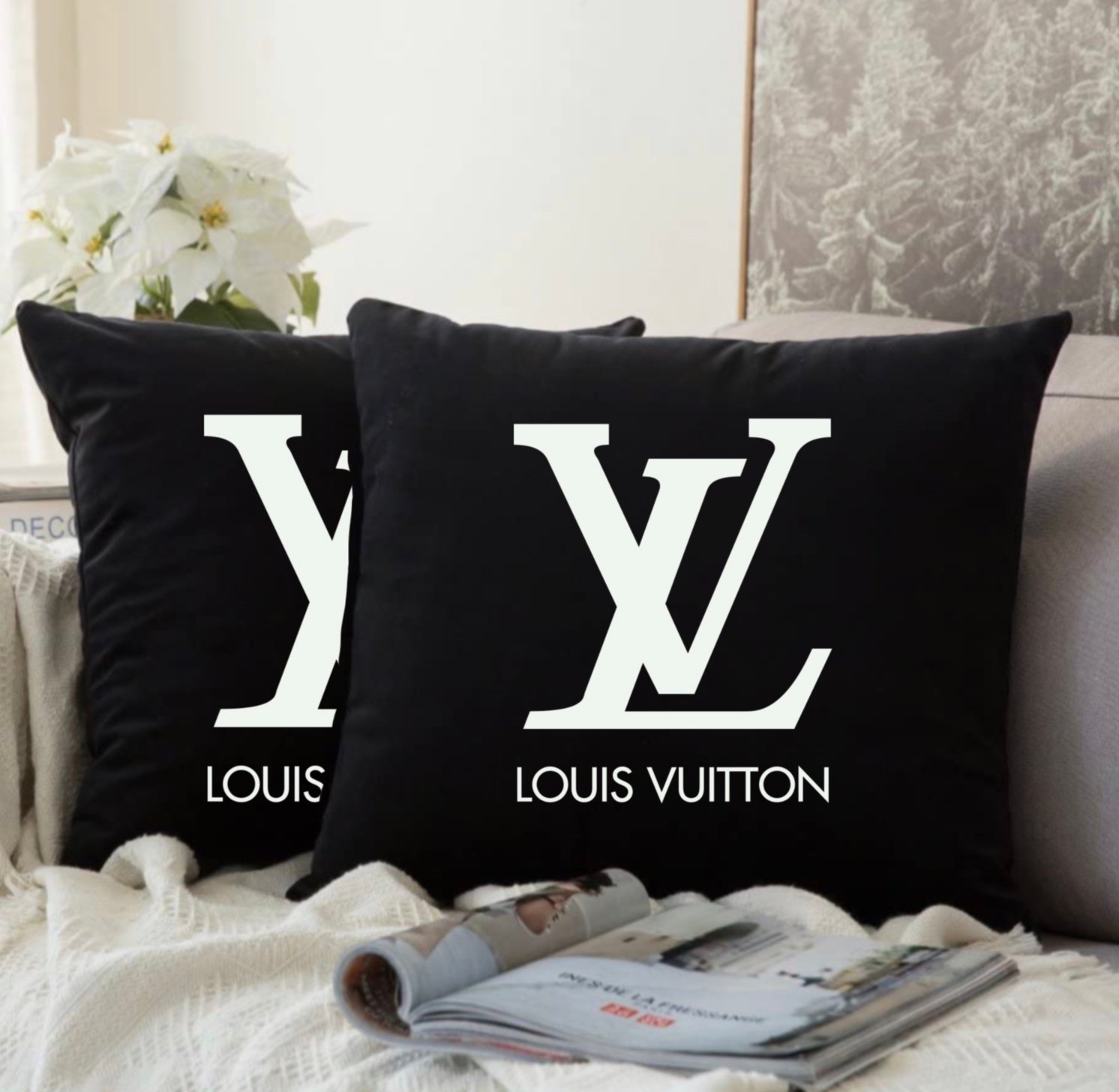 Louis Vuitton Inspired Pillow Cover Decorative Pillow Black White