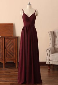 Image 1 of Dark Red Chiffon Straps Long V-neckline Prom Dress, Straps Long Bridesmaid Dress