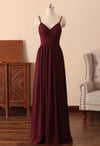 Dark Red Chiffon Straps Long V-neckline Prom Dress, Straps Long Bridesmaid Dress