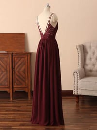 Image 3 of Dark Red Chiffon Straps Long V-neckline Prom Dress, Straps Long Bridesmaid Dress