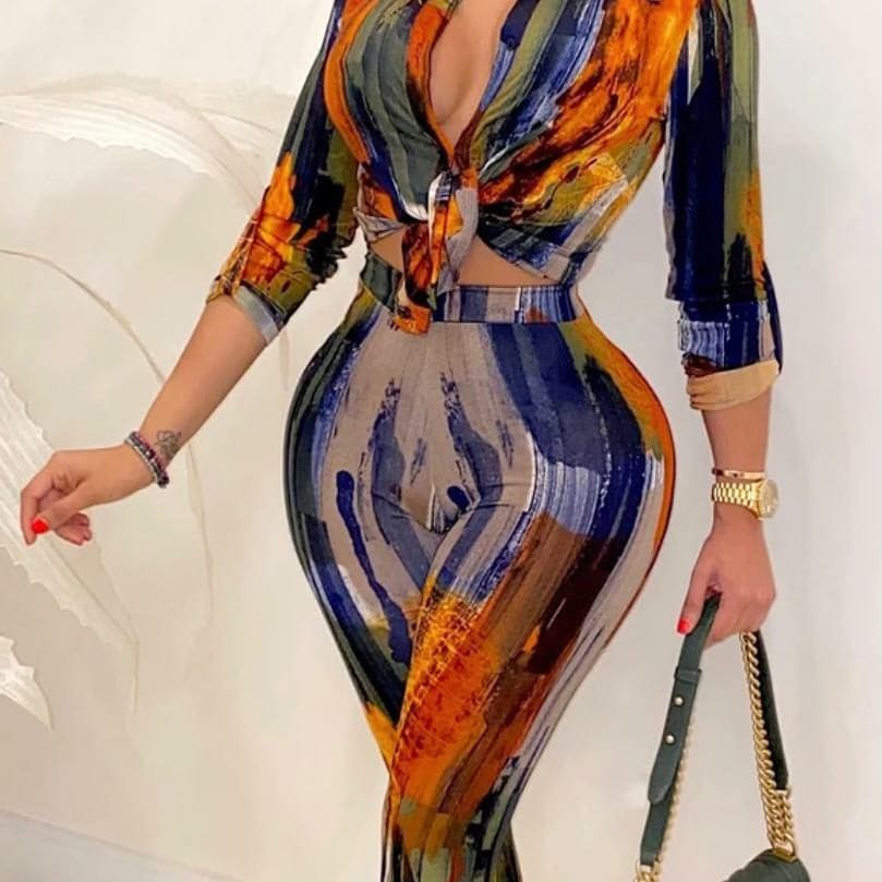  Print Button Up Blouse & Leggings