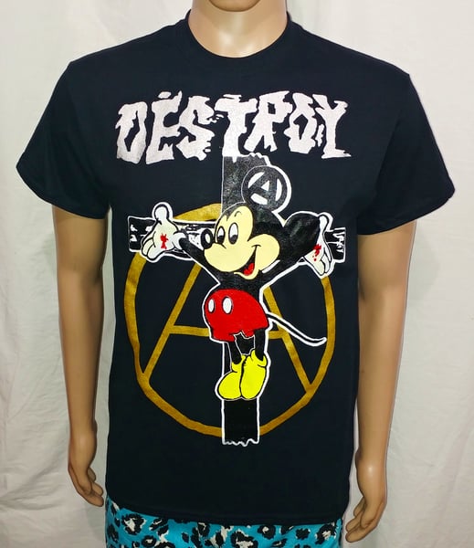 Image of Crucified Mickey Mouse silver Destroy gold anarchy black tshirt