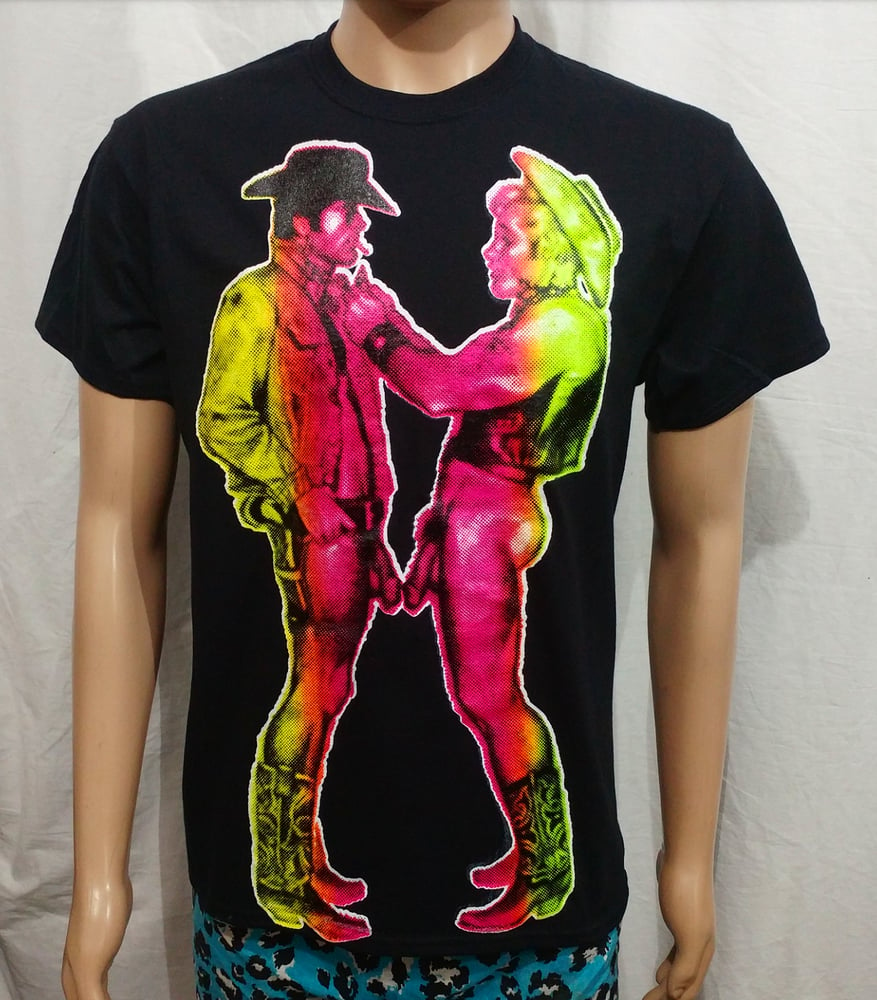 Image of Gay cowboys rainbow oversized design black tshirt