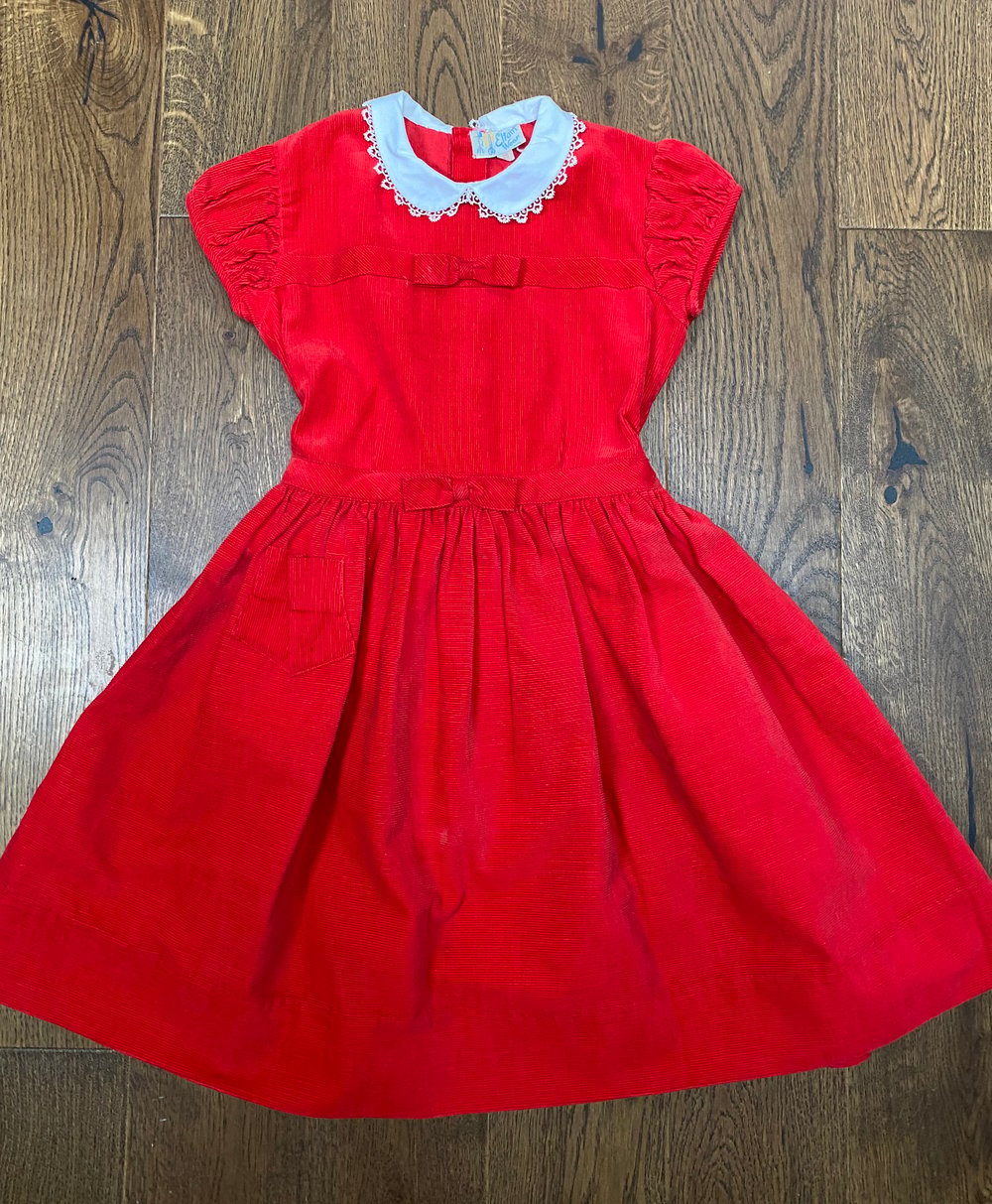 Image of Vintage 80s red cord dress with collar - age 5