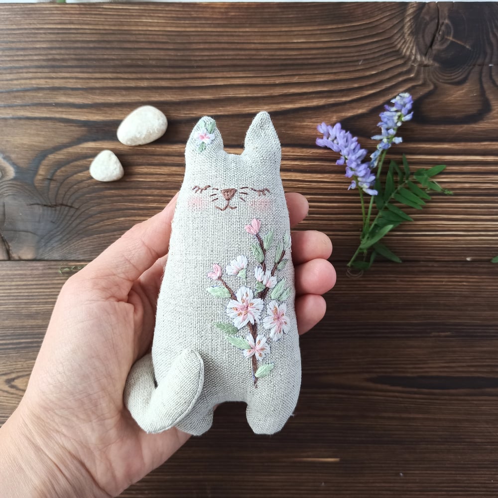 Image of Stuffed cat with sakura embroidery