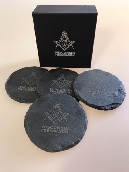 Image of NEW 4-PC Black Slate Wisconsin Freemason Coaster Set