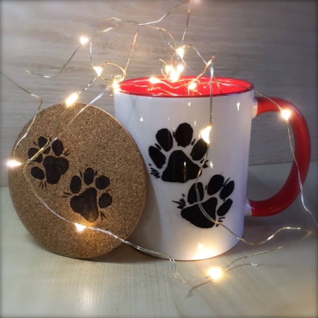 Image of Paw Print ceramic mugs with hand decorated coaster and choccy treat!