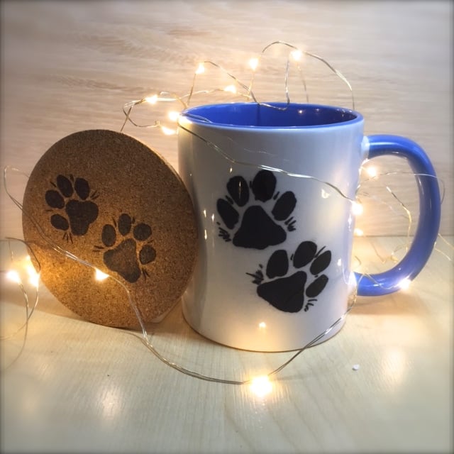 Image of Paw Print ceramic mugs with hand decorated coaster and choccy treat!