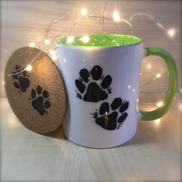 Image of Paw Print ceramic mugs with hand decorated coaster and choccy treat!
