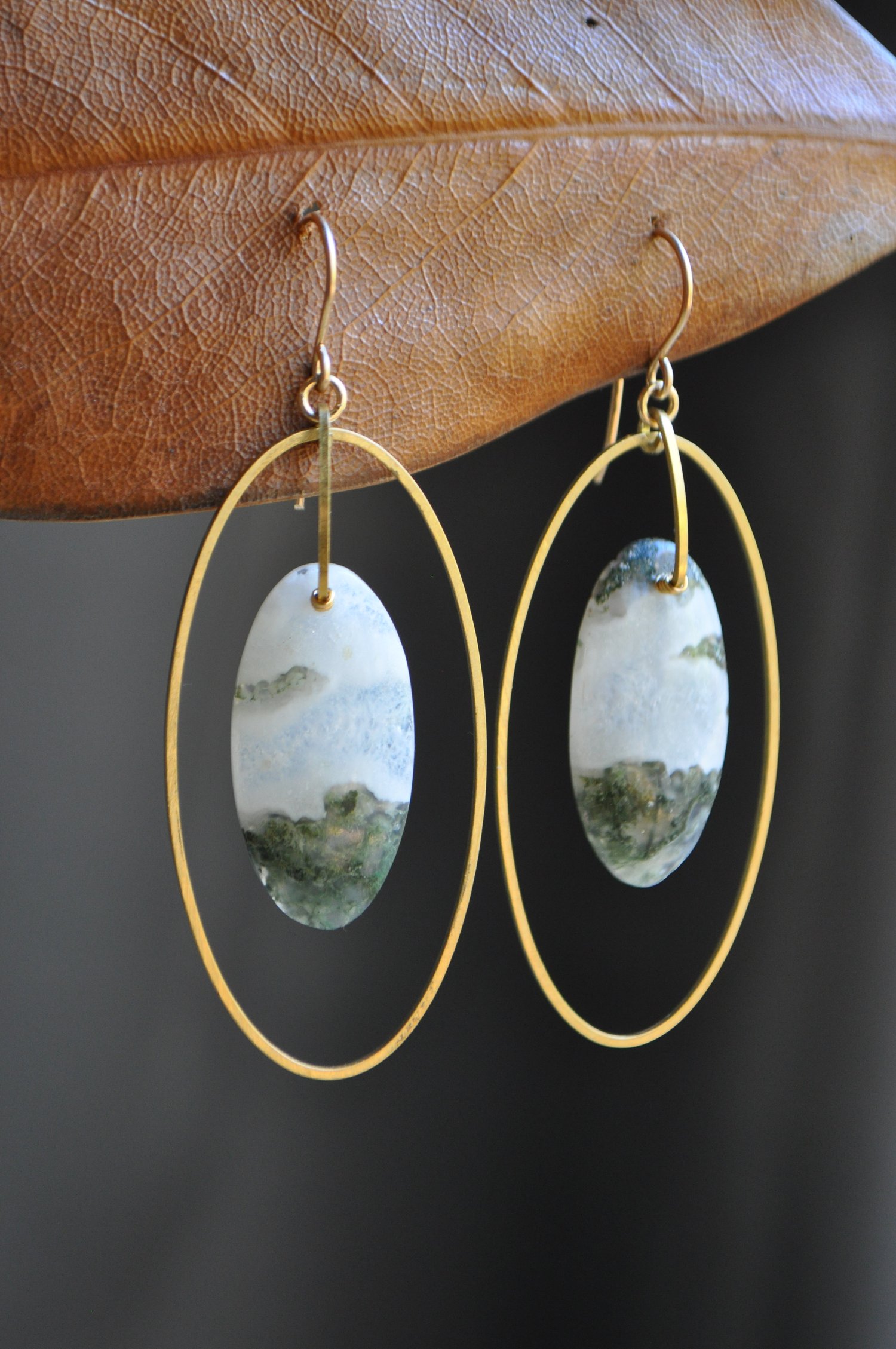 Image of One of a Kind Moss Agate Oval Arc Dangles