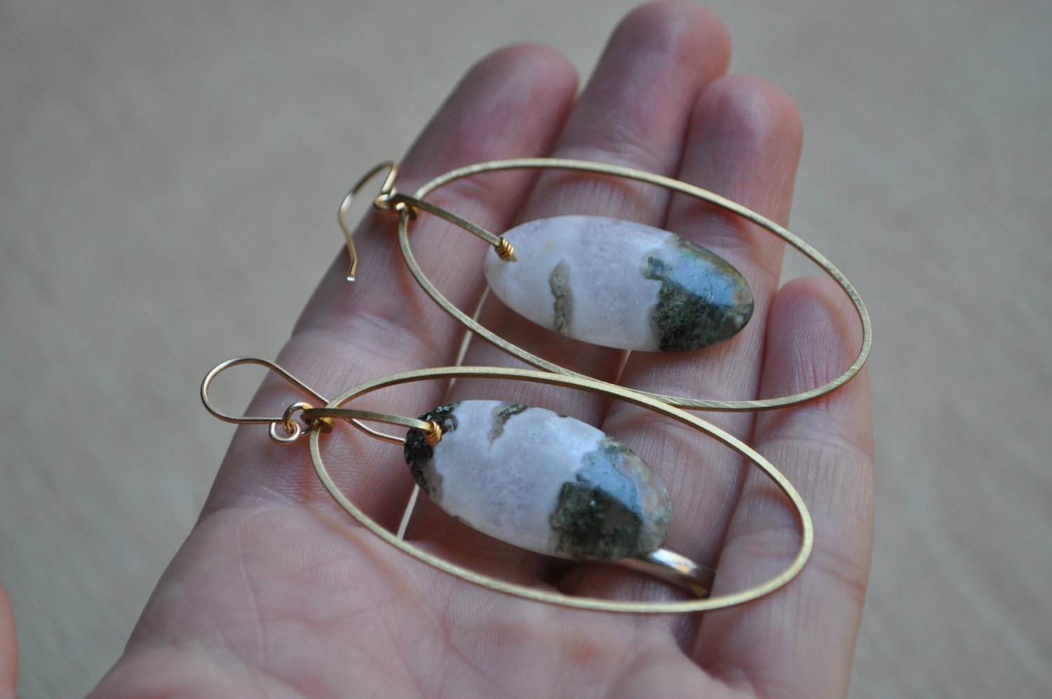 Image of One of a Kind Moss Agate Oval Arc Dangles