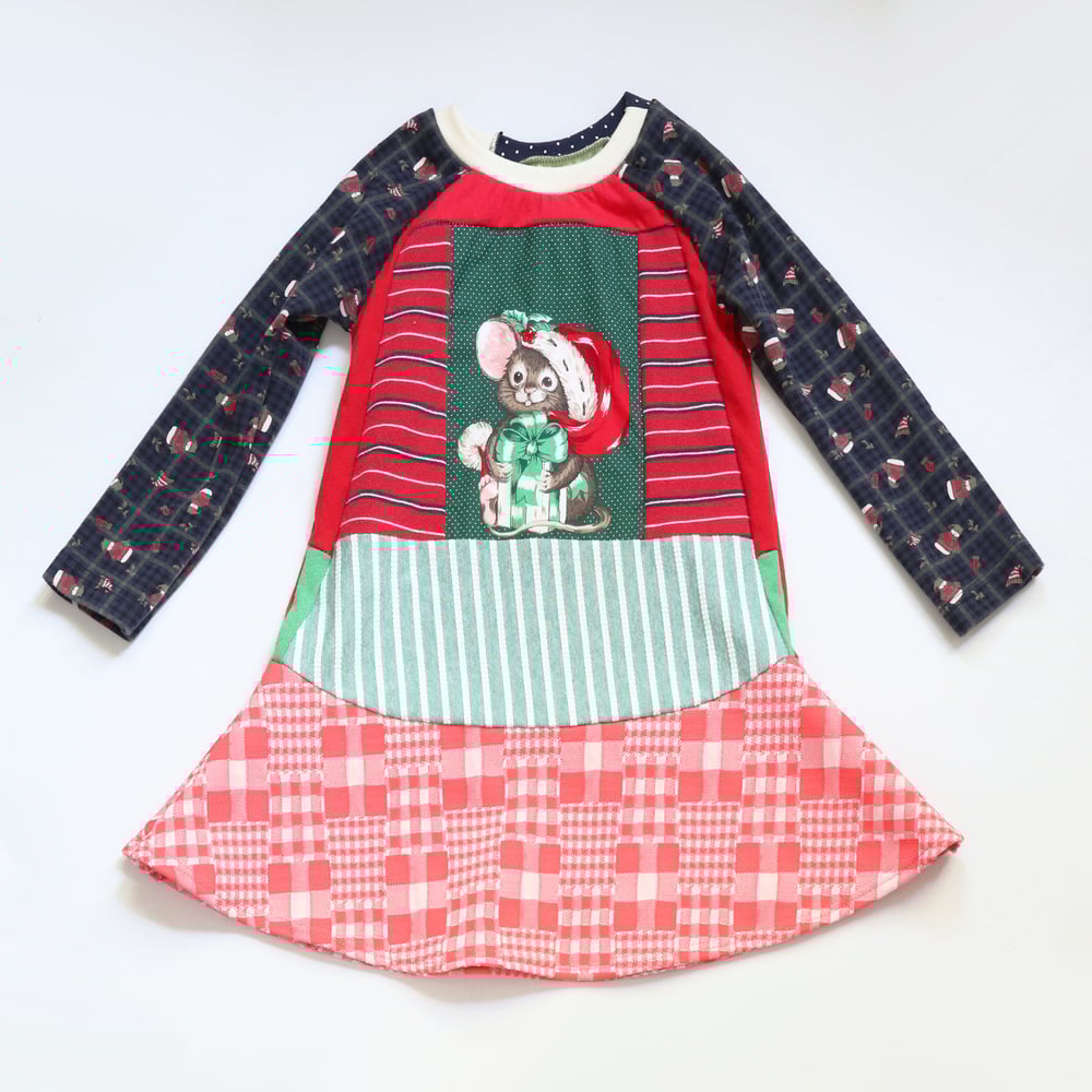 Image of cat and mouse 5T Christmas long sleeve holiday dress vintage fabric long-sleeved xmas cute Santa