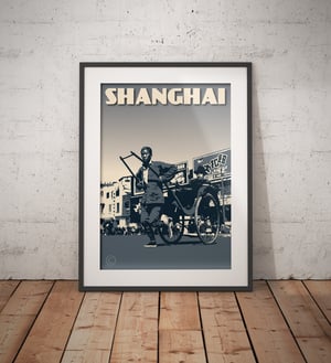 Image of Vintage Poster Shanghai - Chinese Rickshaw - Gray - Fine Art Print