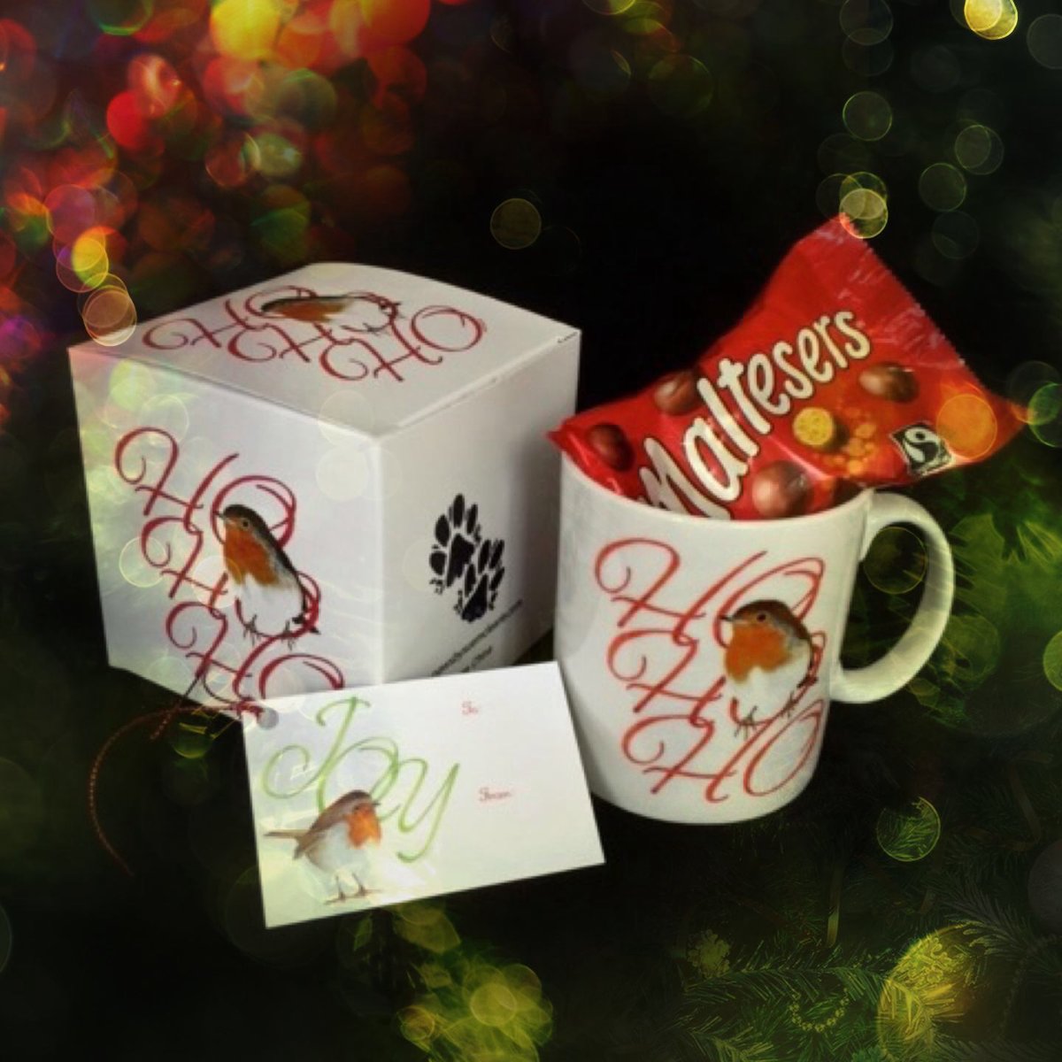 Image of Fine Bone China Robin mug with choccy treat & gift tag.