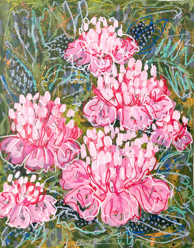 Image of Abstract Peonies and a Sea of Greens - 11x14 Original Painting on Paper
