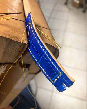 Image of Glazed Blue Alligator and Yellow saddle stitch watch strap