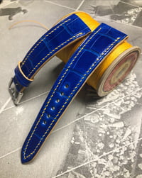 Image 2 of Glazed Blue Alligator and Yellow saddle stitch watch strap