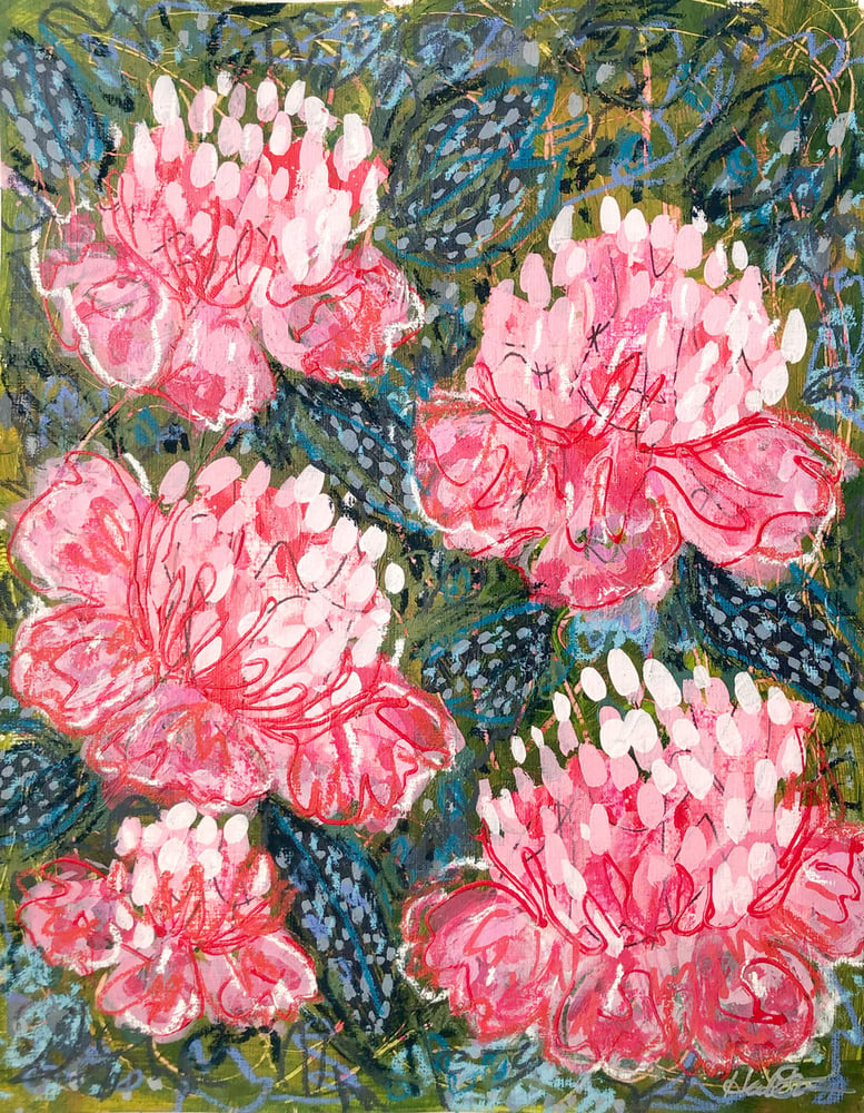 Image of Abstract Peonies and Speckled Foliage - 11x14 Acrylic Painting on Paper