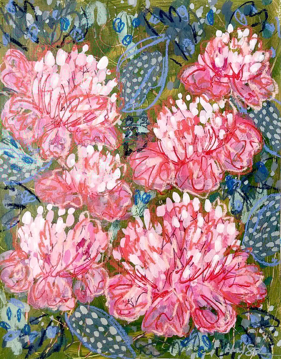 Image of Abstract Peonies and Big Blue Hostas - 11x14 Original Painting on Paper
