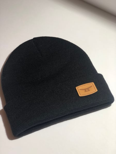 Image of MTD premium Knit beanie, folded w/ authentic brown leather patch 