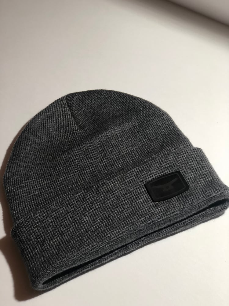 Image of MTD premium charcoal  Knit beanie, folded w/ authentic black leather patch 