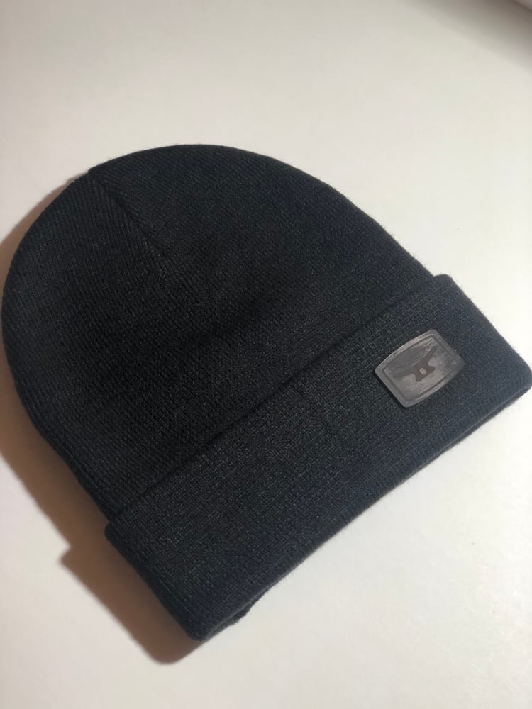 Image of MTD premium black Knit beanie, Folded w/ authentic black leather patch 