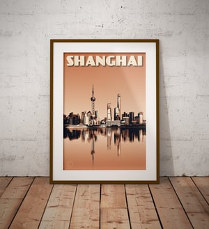 Image of Vintage Poster Shanghai - Shanghai Skyline - Waterfront - Burnt Orange - Fine Art Print