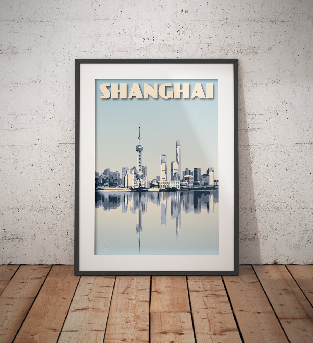 Image of Vintage Poster Shanghai - Shanghai Skyline - Waterfront - Blue - Fine Art Print