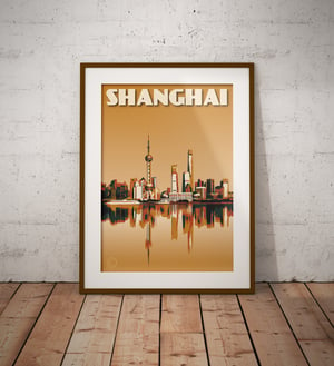 Image of Vintage Poster Shanghai - Shanghai Skyline - Waterfront - Mustard - Fine Art Print