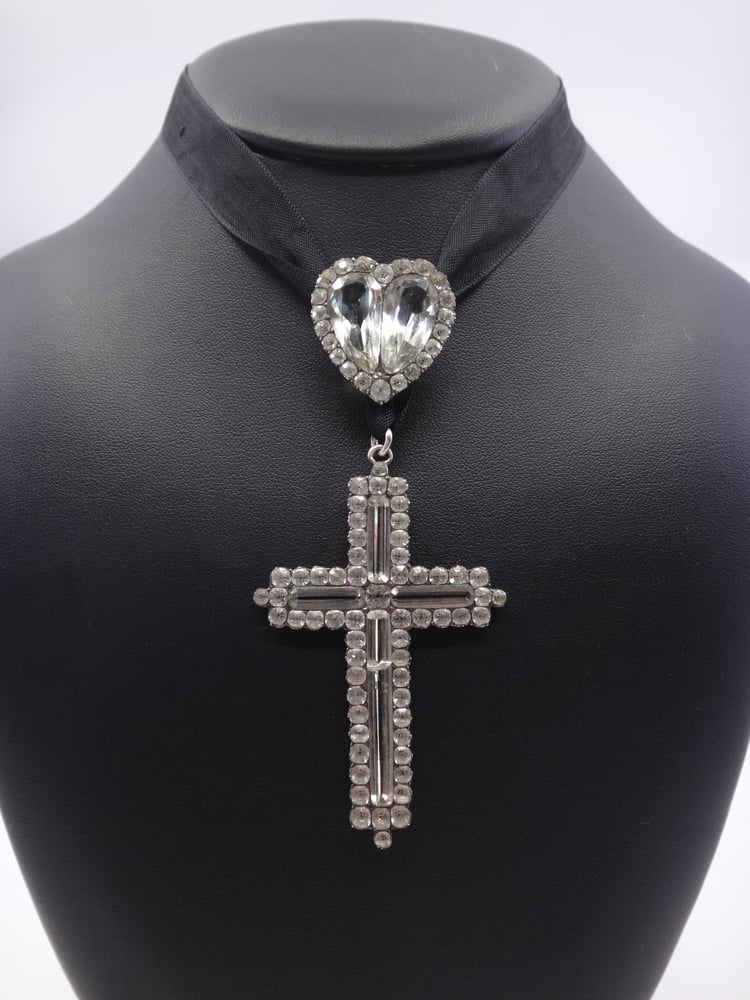 Image of Rare croix jeannette et son coeur coulant argent massif et pierre du Rhin XIXe