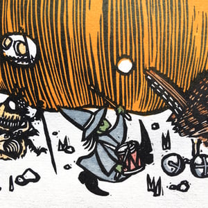 'Beryl and Huxley and the Great Pumpkin Parade' linocut print